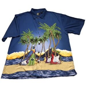 Hawaiian Shirt Mens XL Blue Guitar Parakeet Surfboard Island Aloha Colorful Camp